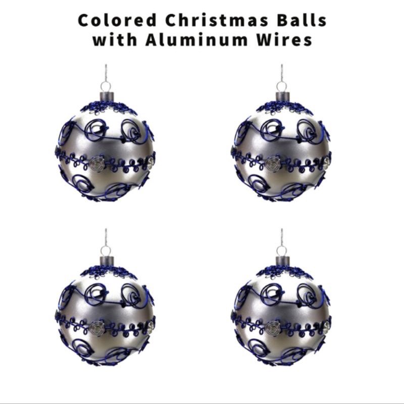 Blue Christmas Ball Ornaments Aluminum Wire Design 6pc Set 12cm - Image 2
