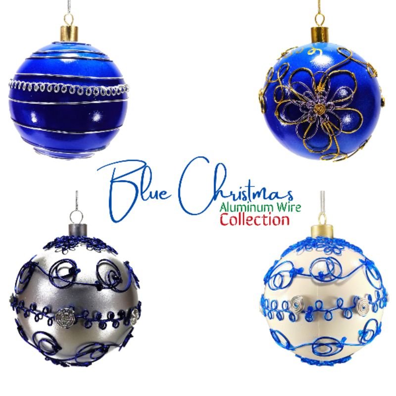 Blue Christmas Ball Ornaments Aluminum Wire Design 6pc Set 12cm