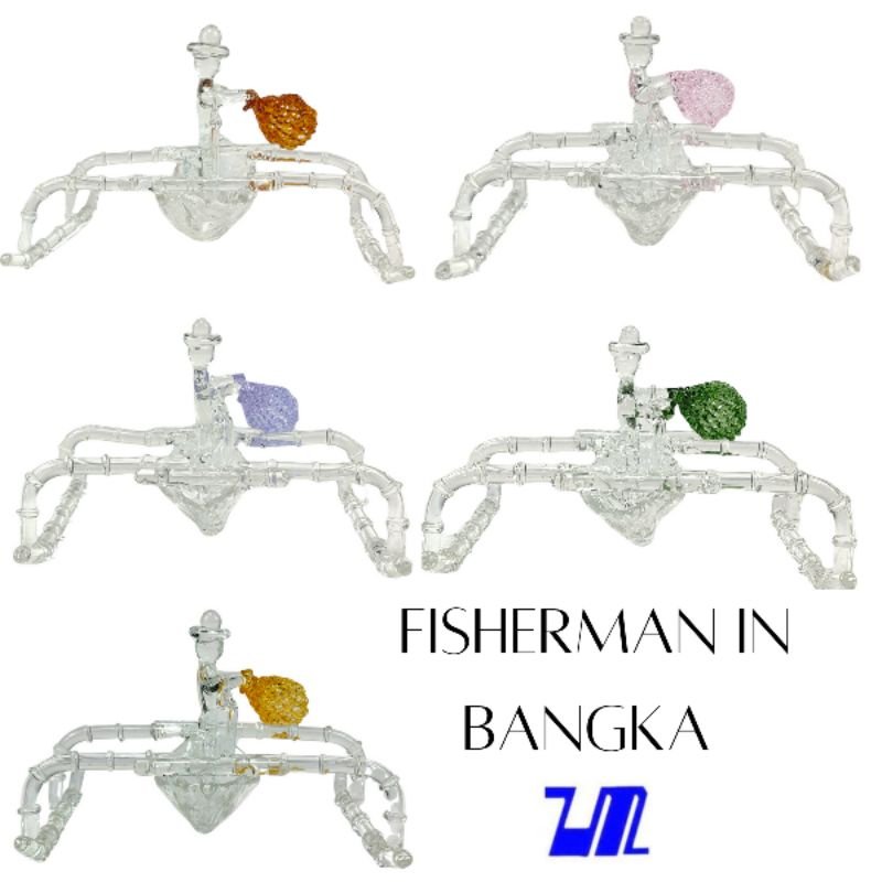 Fisherman in Bangka with Fishnet Glass Figurine Home Decor