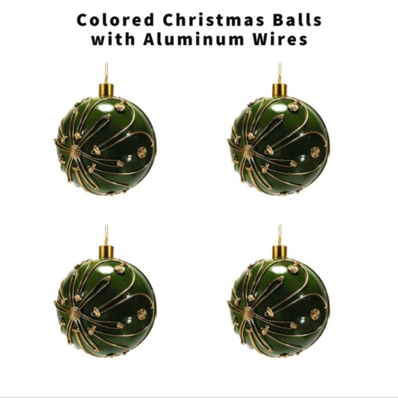 Green Christmas Ball Ornaments Aluminum Wire Design 6pc Set 12cm - Image 2