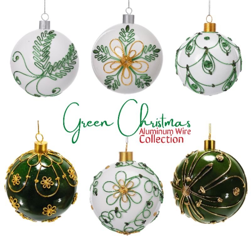 Green Christmas Ball Ornaments Aluminum Wire Design 6pc Set 12cm