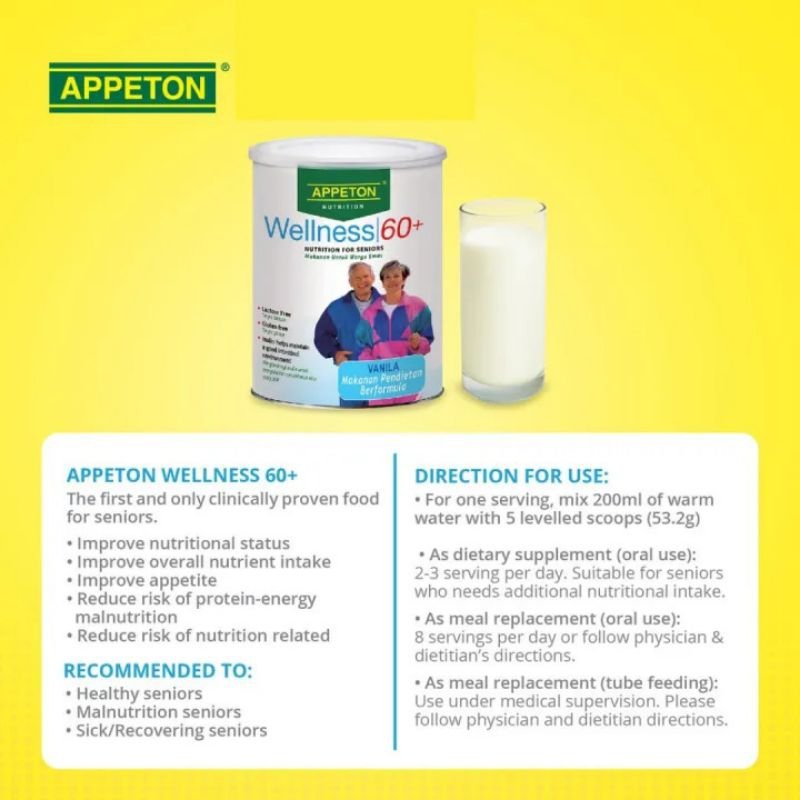 APPETON Wellness 60+ Nutrition Milk for Senior Geriatric Nutrition - Vanilla 900g - Image 3