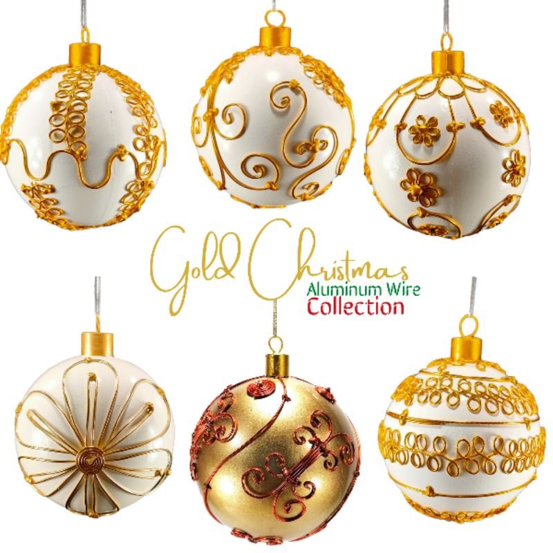 Gold Christmas Ball Ornaments Aluminum Wire Design 6pc Set 12cm