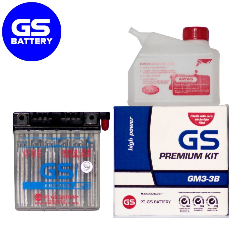 GS Motorcycle Battery GM3-3B (YB3L-A) with solution kit for SUZUKI SWING/RAIDER 125/GS175 KICK/KAWAS