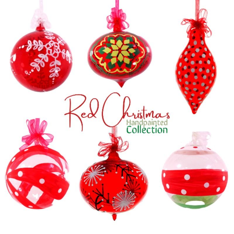 Red Handpainted Christmas Balls Big 12cm 6pcs Set