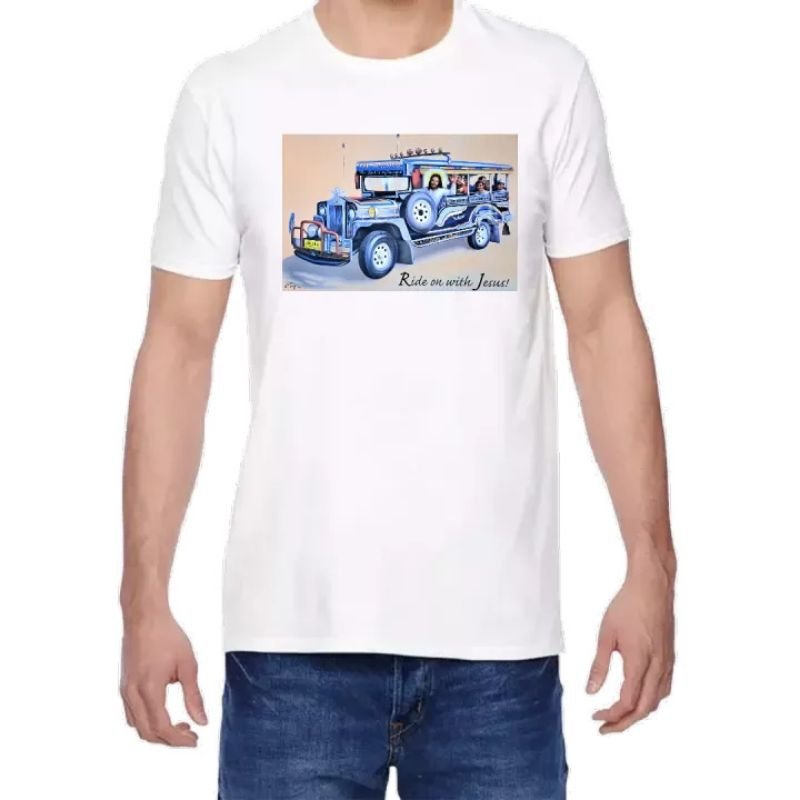 Ride on with Jesus Jeepney Religious T Shirt Design Clothing for Men Fruit of the Loom Original - Image 4