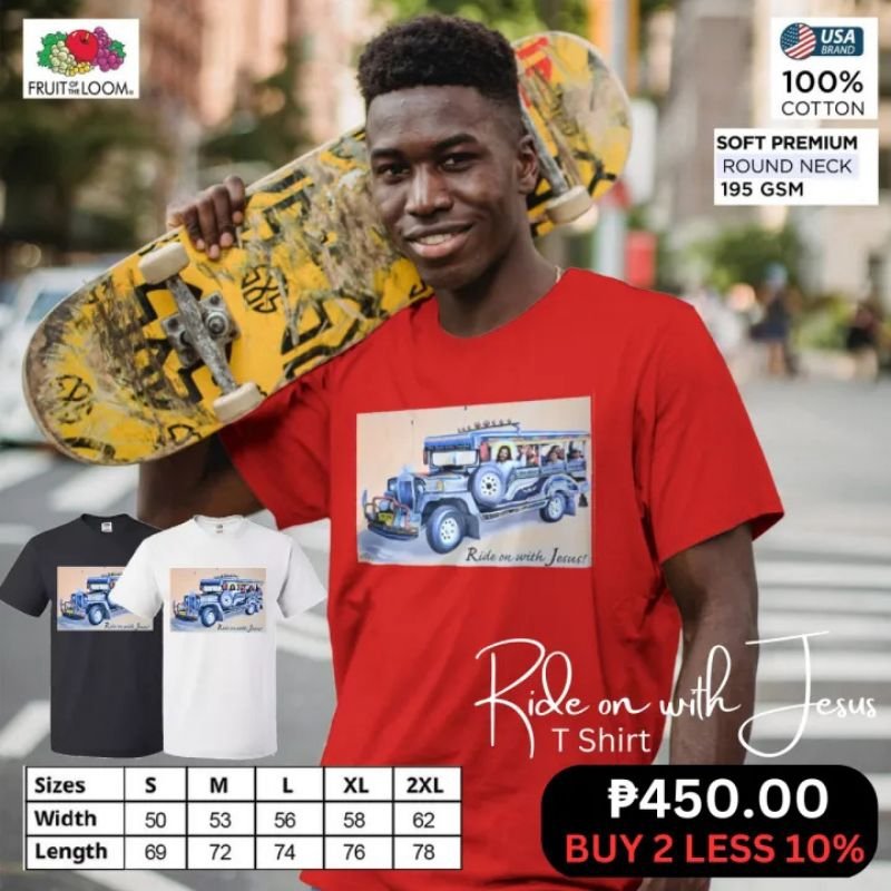 Ride on with Jesus Jeepney Religious T Shirt Design Clothing for Men Fruit of the Loom Original - Image 5