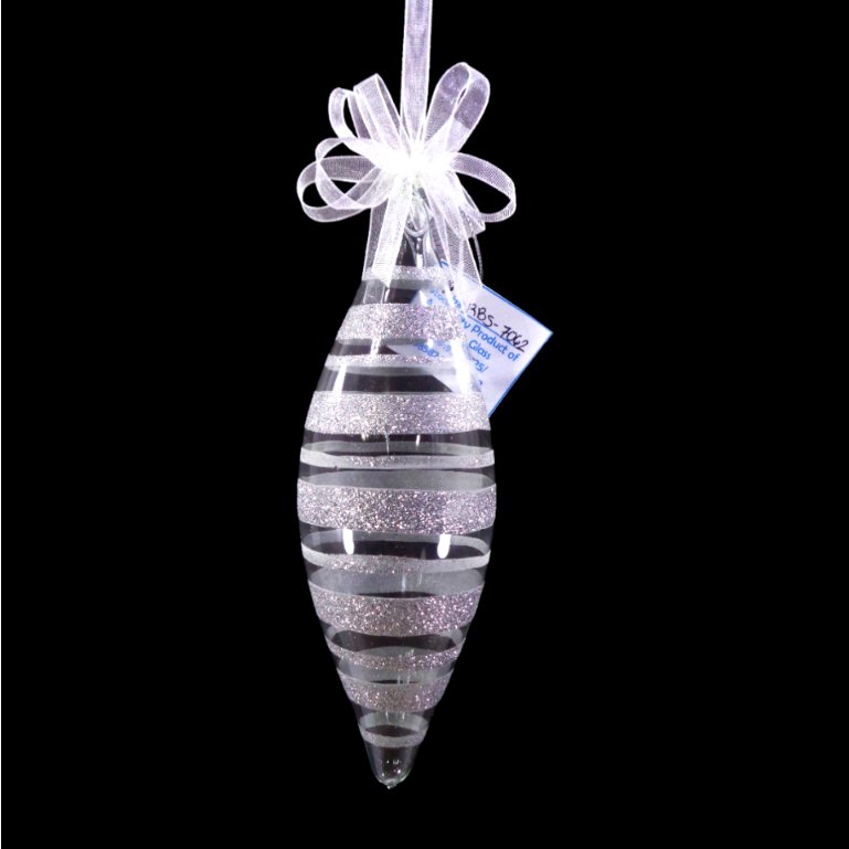 Glass Christmas Drop Ornament Silver Glitter Stripe 6pc Set for Xmas Tree Decor