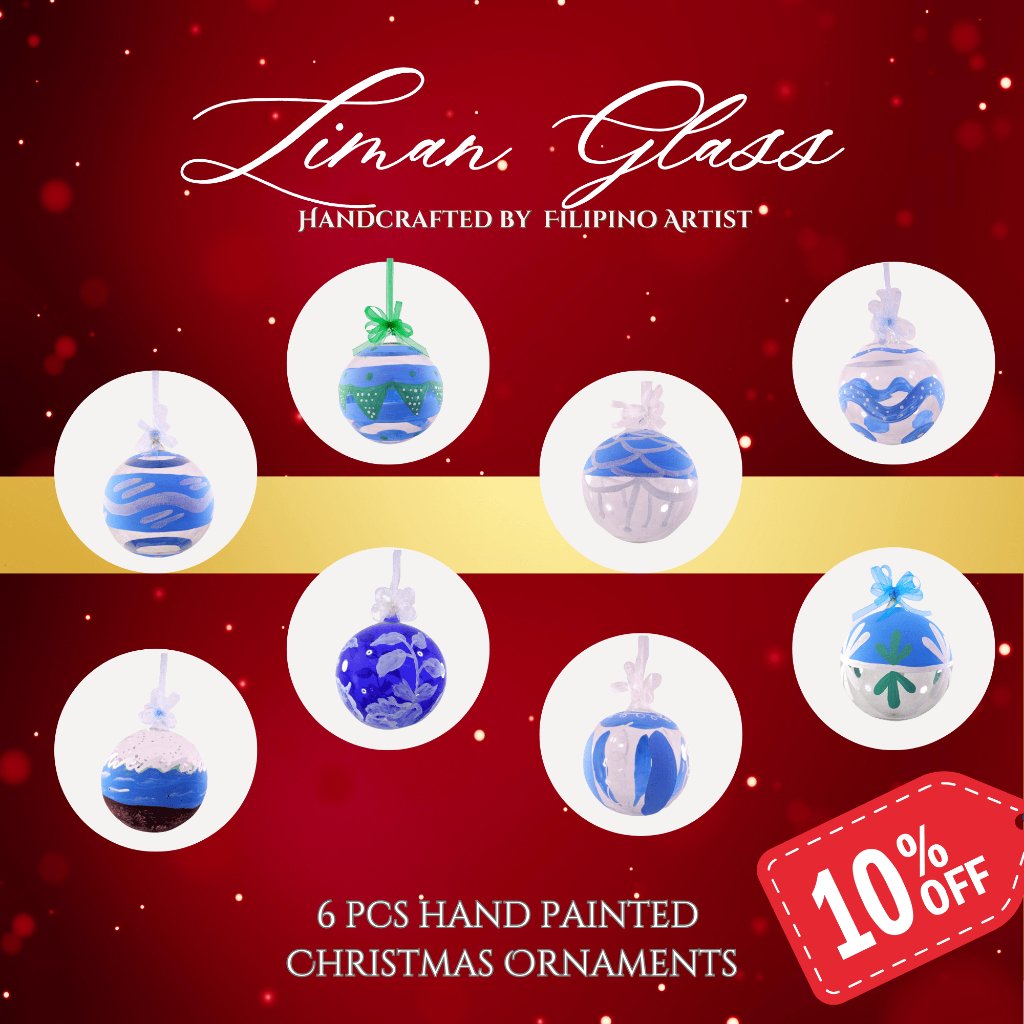Christmas Balls Big Ornaments Glass Blue Hand Painted Designs 6pcs Set