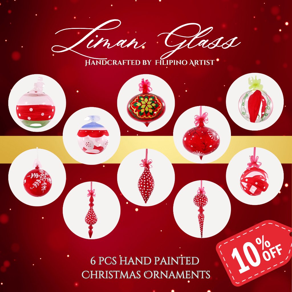 Christmas Balls Big Ornaments Glass Red Hand Painted Designs  6pcs Set