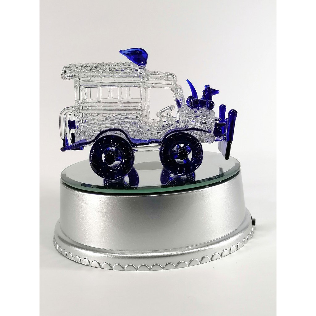Philippine Jeep Glass Figurine with Rotating Base and LED Lights Home Decoration (Dark Blue) - Image 3