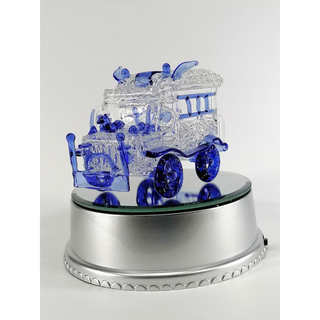 Philippine Jeep Glass Figurine with Rotating Base and LED Lights Home Decoration (Blue)