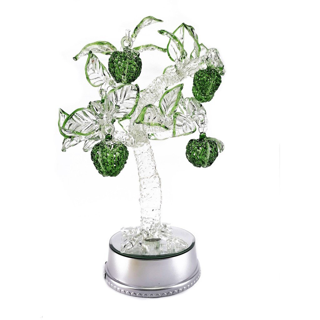 Green Apple Tree Glass Figurines Home Decor Display with Rotating Base and LED Lights