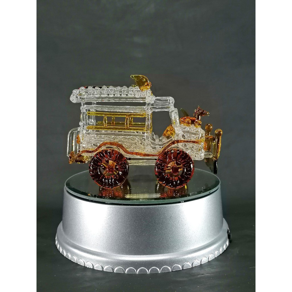 Philippine Jeep Glass Figurine with Rotating Base and LED Lights Home Decoration (Amber) - Image 4