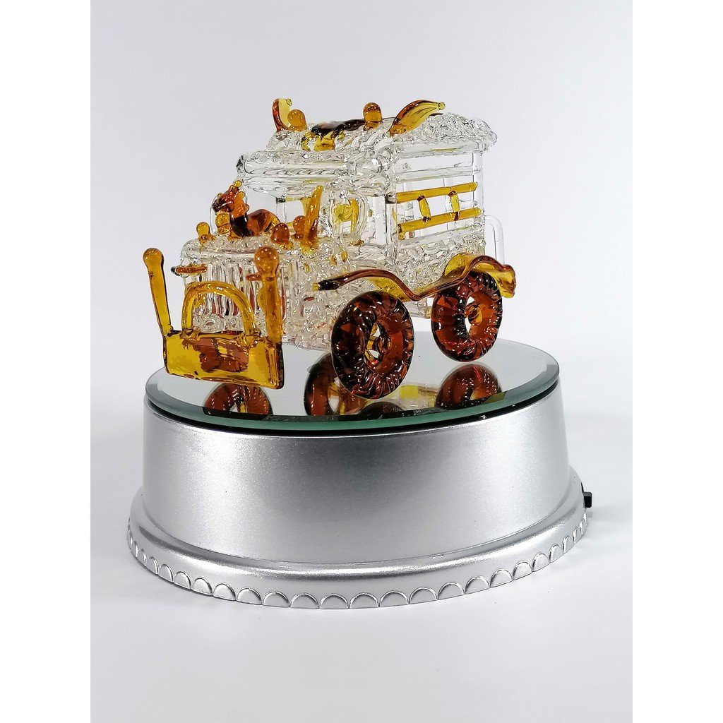 Philippine Jeep Glass Figurine with Rotating Base and LED Lights Home Decoration (Amber)