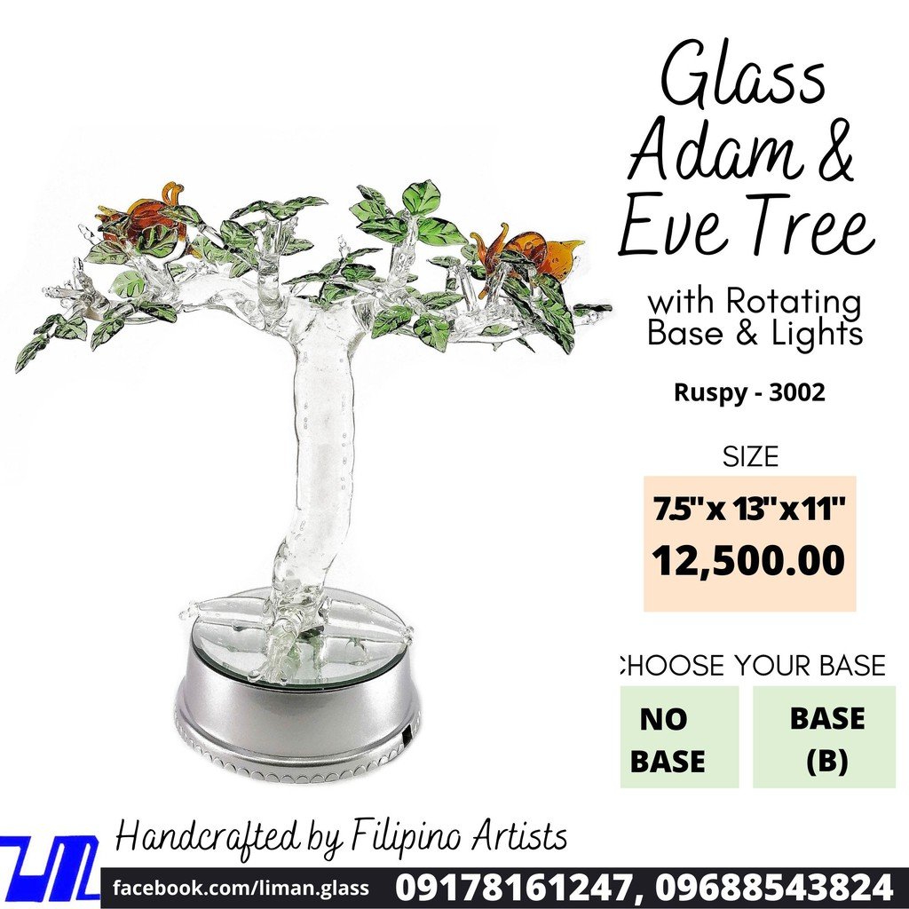 Adam & Eve Tree Artificial Flower Glass Figurines Home Decor Accents with Rotating Base and LED Ligh - Image 3