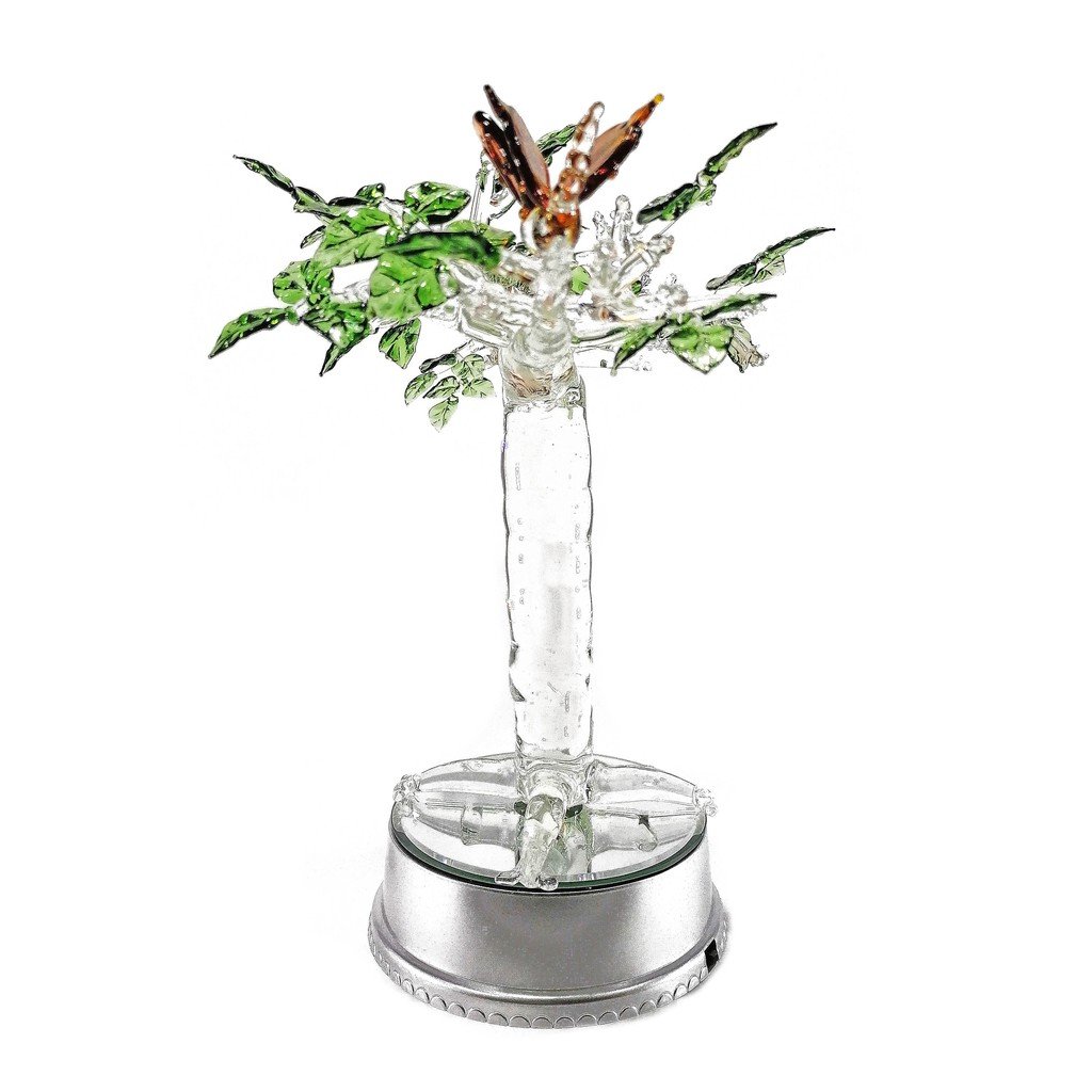 Adam & Eve Tree Artificial Flower Glass Figurines Home Decor Accents with Rotating Base and LED Ligh