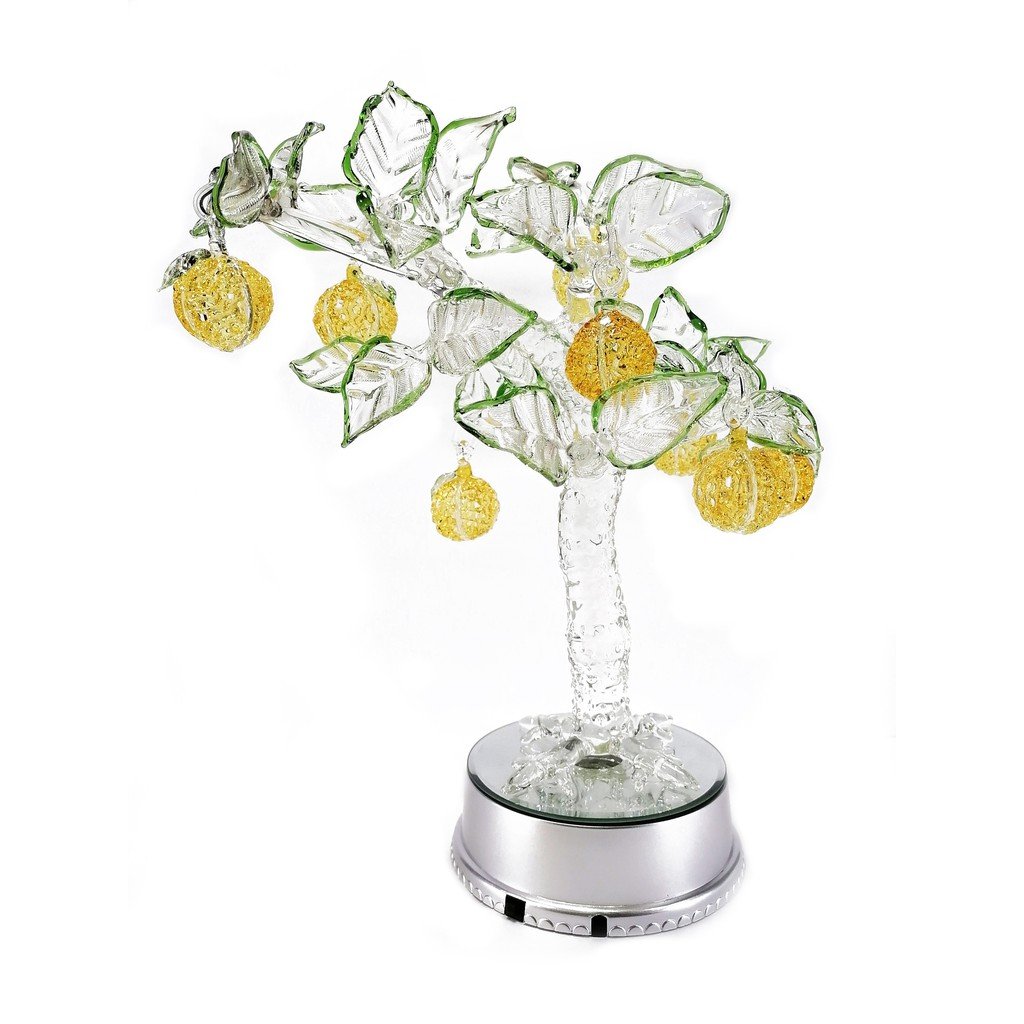 Orange Tree Glass Figurines Home Decor Accents with Rotating Base and LED Lights