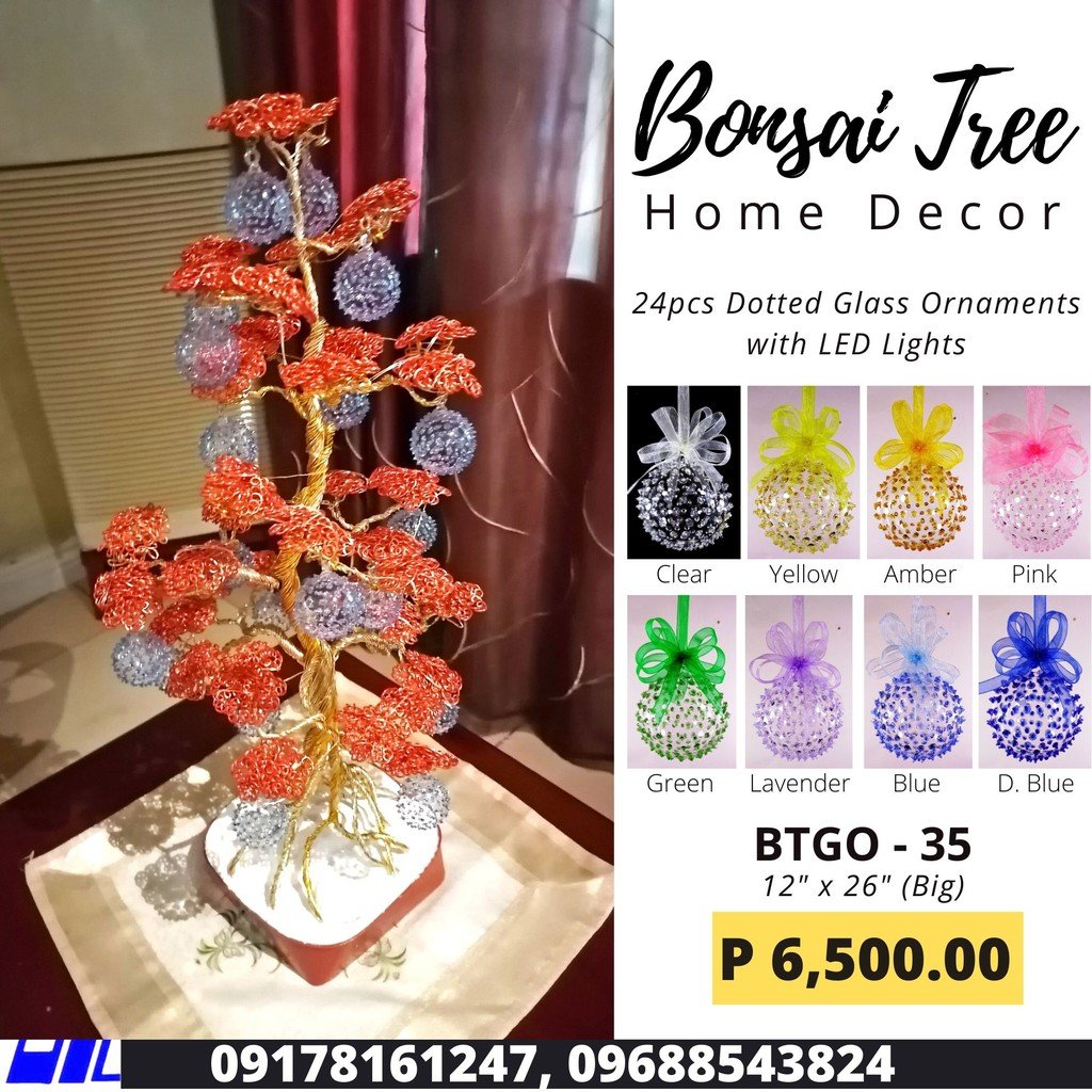Bonsai Ball Tree Home Decor Wire Art Sculpture with Dotted Glass Ball Ornaments and LED Lights 33-35