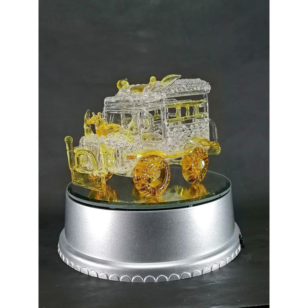 Philippine Jeep Glass Figurine with Rotating Base and LED Lights Home Decoration (Yellow)