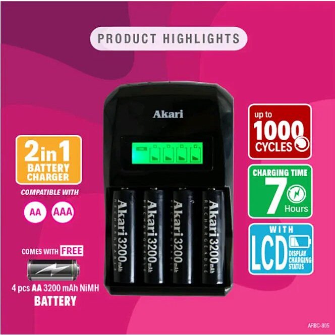 Akari Automatic Fast Battery Charger with LCD Display Free 4pc Rechargeable Battery (ARBC 805) - Image 3