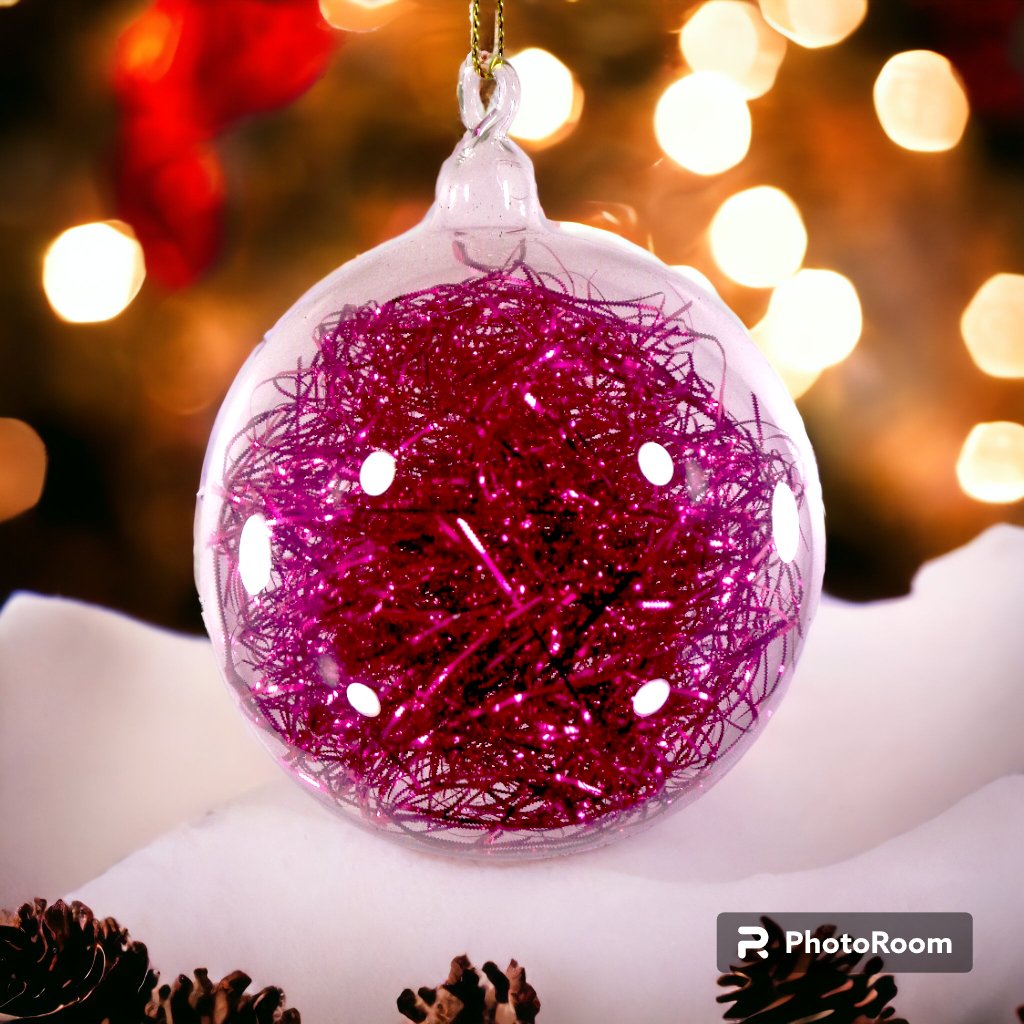 Fuchsia Pink Christmas Ornaments 6pc Set Handblown Glass Ball with Shreds Christmas Decor - Image 2