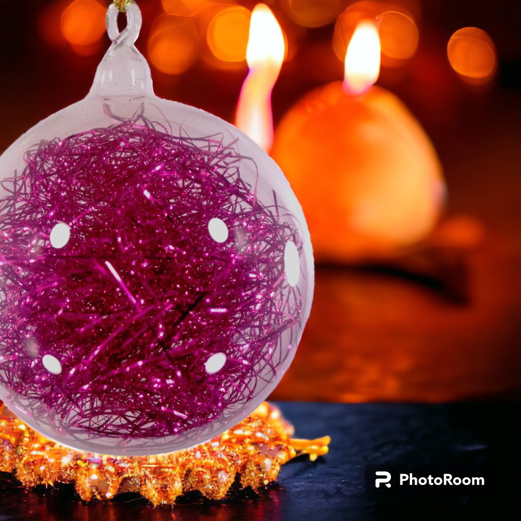Fuchsia Pink Christmas Ornaments 6pc Set Handblown Glass Ball with Shreds Christmas Decor - Image 3