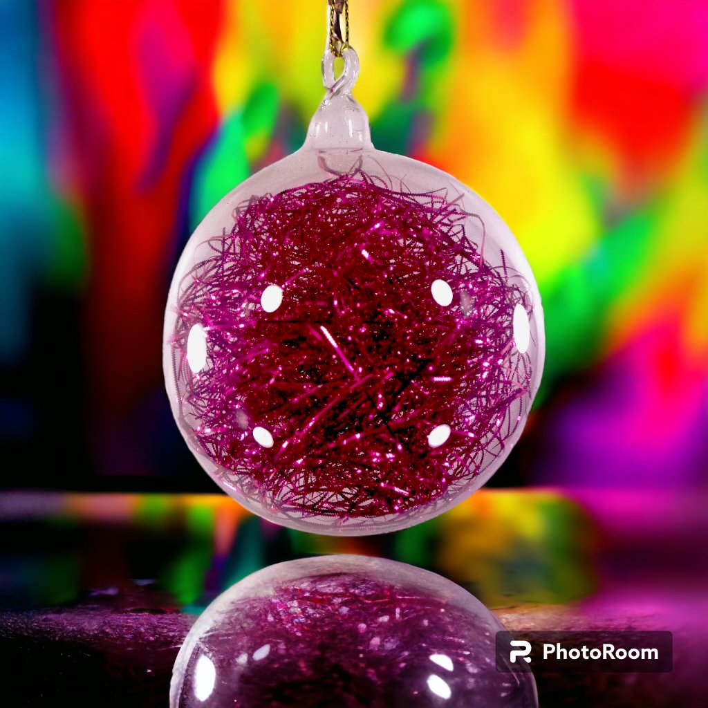 Fuchsia Pink Christmas Ornaments 6pc Set Handblown Glass Ball with Shreds Christmas Decor - Image 4