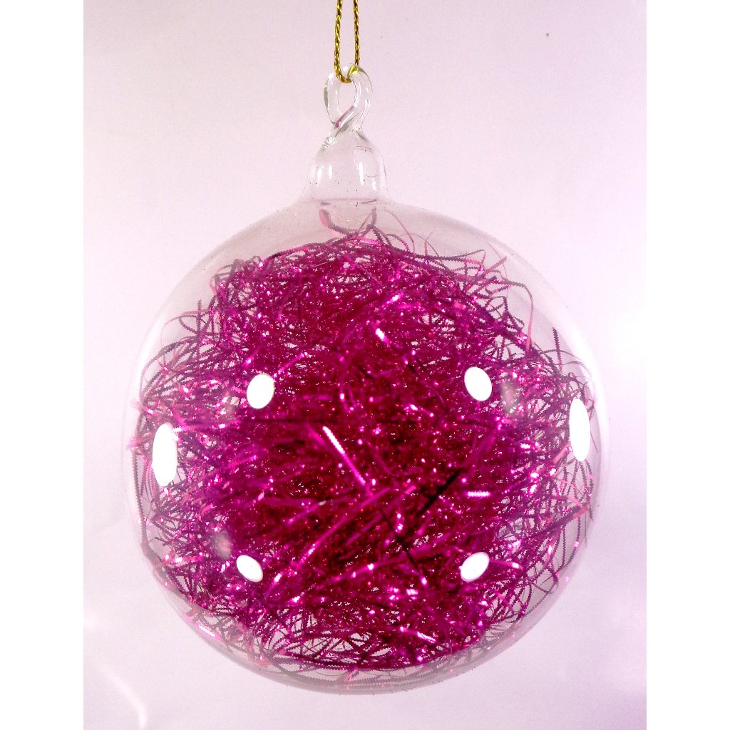 Fuchsia Pink Christmas Ornaments 6pc Set Handblown Glass Ball with Shreds Christmas Decor