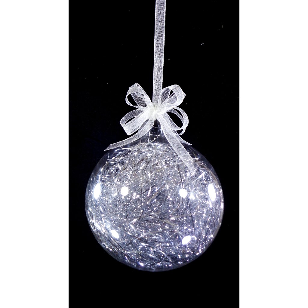 Silver Christmas Ornaments 6pc Set Handblown Glass Ball with Shreds Christmas Decor