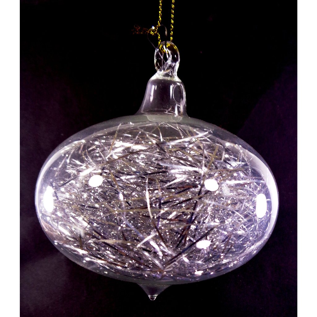 Silver Christmas Ornaments 6pc Set Handblown Glass Trumpo with Shreds Christmas Decor