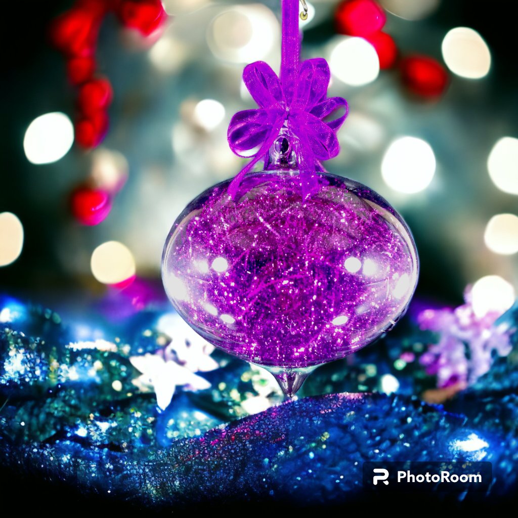 Purple Christmas Ornaments 6pc Set Handblown Glass Trumpo with Shreds Christmas Decor