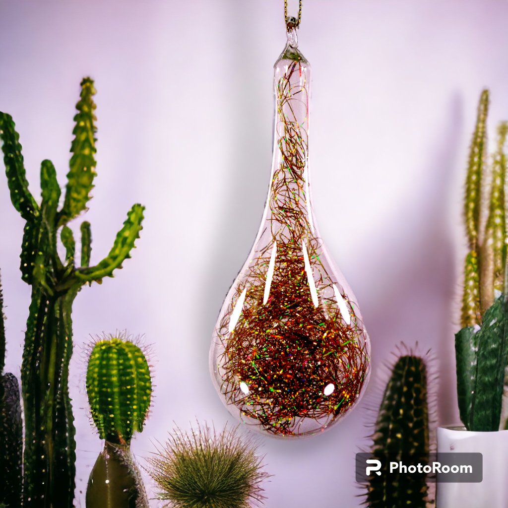 Gold Christmas Ornaments 6pc Set Handblown Glass Drops with Shreds Christmas Decor - Image 2