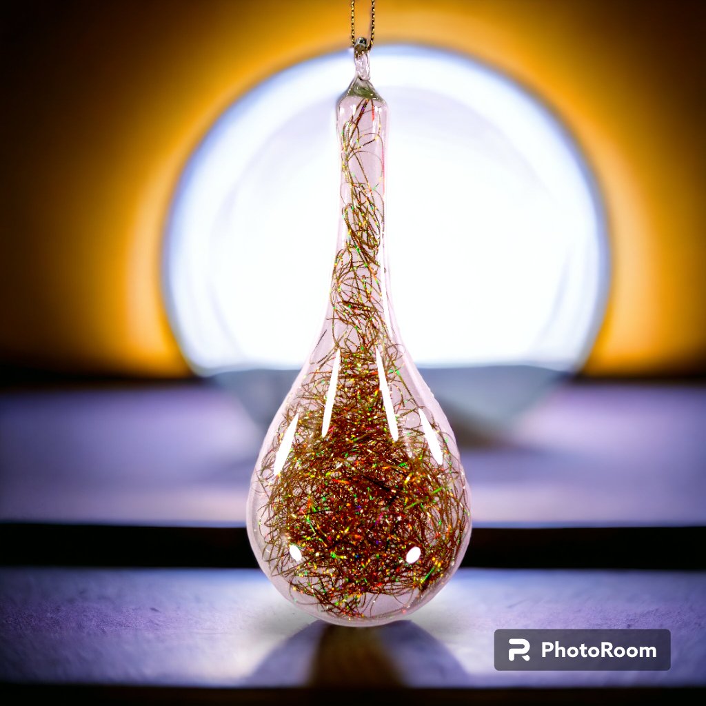 Gold Christmas Ornaments 6pc Set Handblown Glass Drops with Shreds Christmas Decor - Image 3