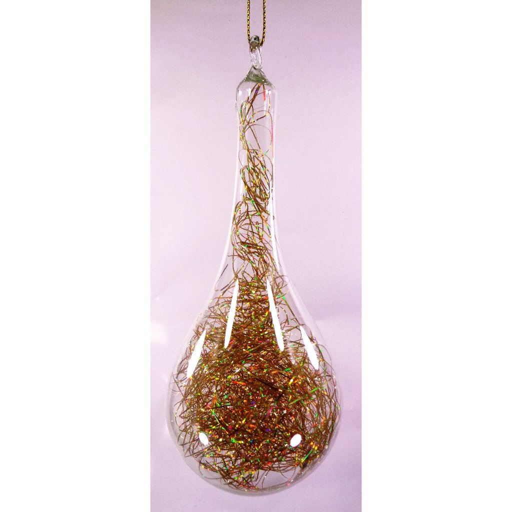 Gold Christmas Ornaments 6pc Set Handblown Glass Drops with Shreds Christmas Decor - Image 4