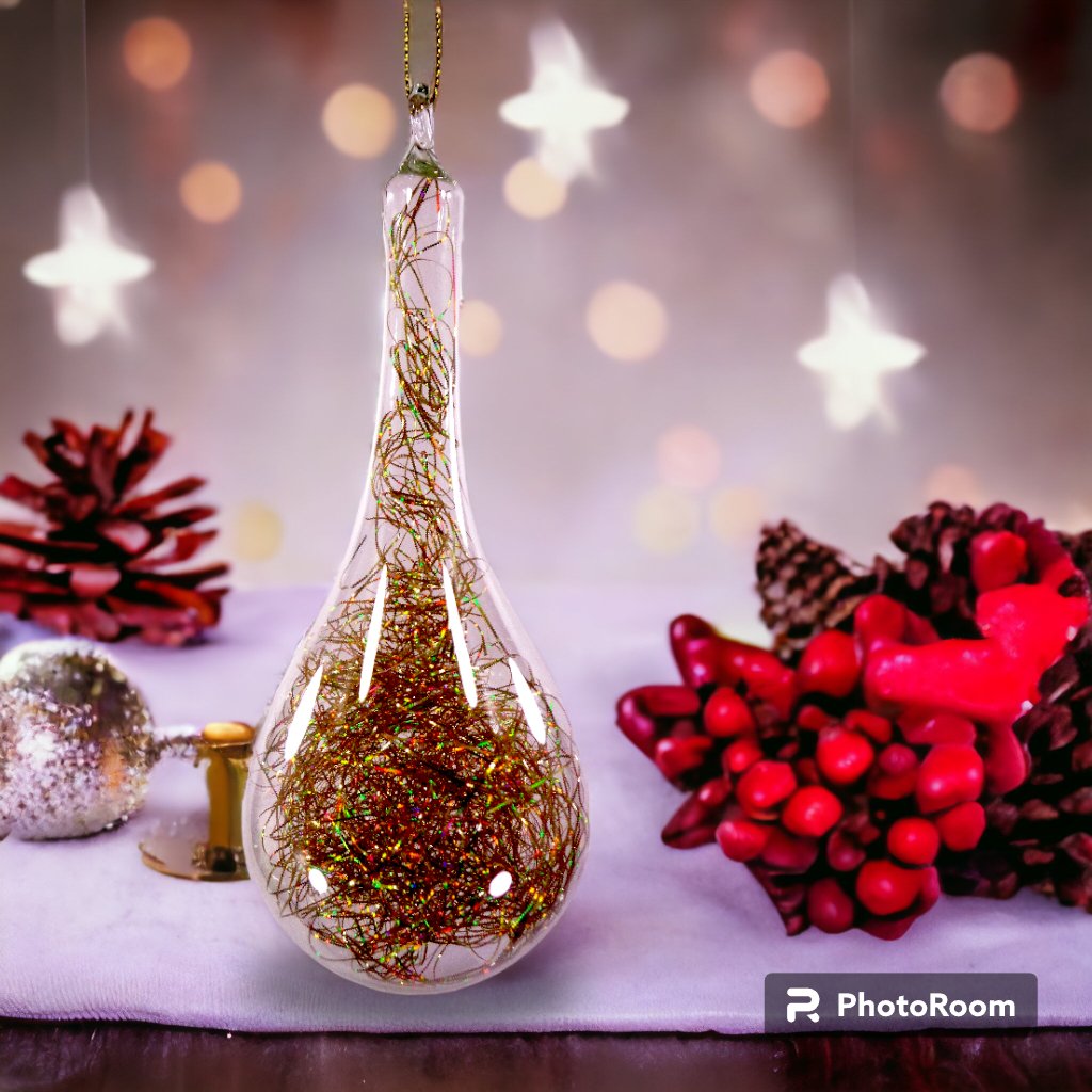 Gold Christmas Ornaments 6pc Set Handblown Glass Drops with Shreds Christmas Decor