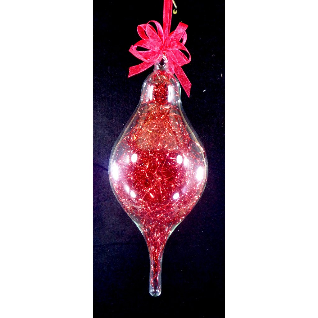 Red Christmas Ornaments 6pc Set Handblown Glass Oval with Shreds Christmas Decor