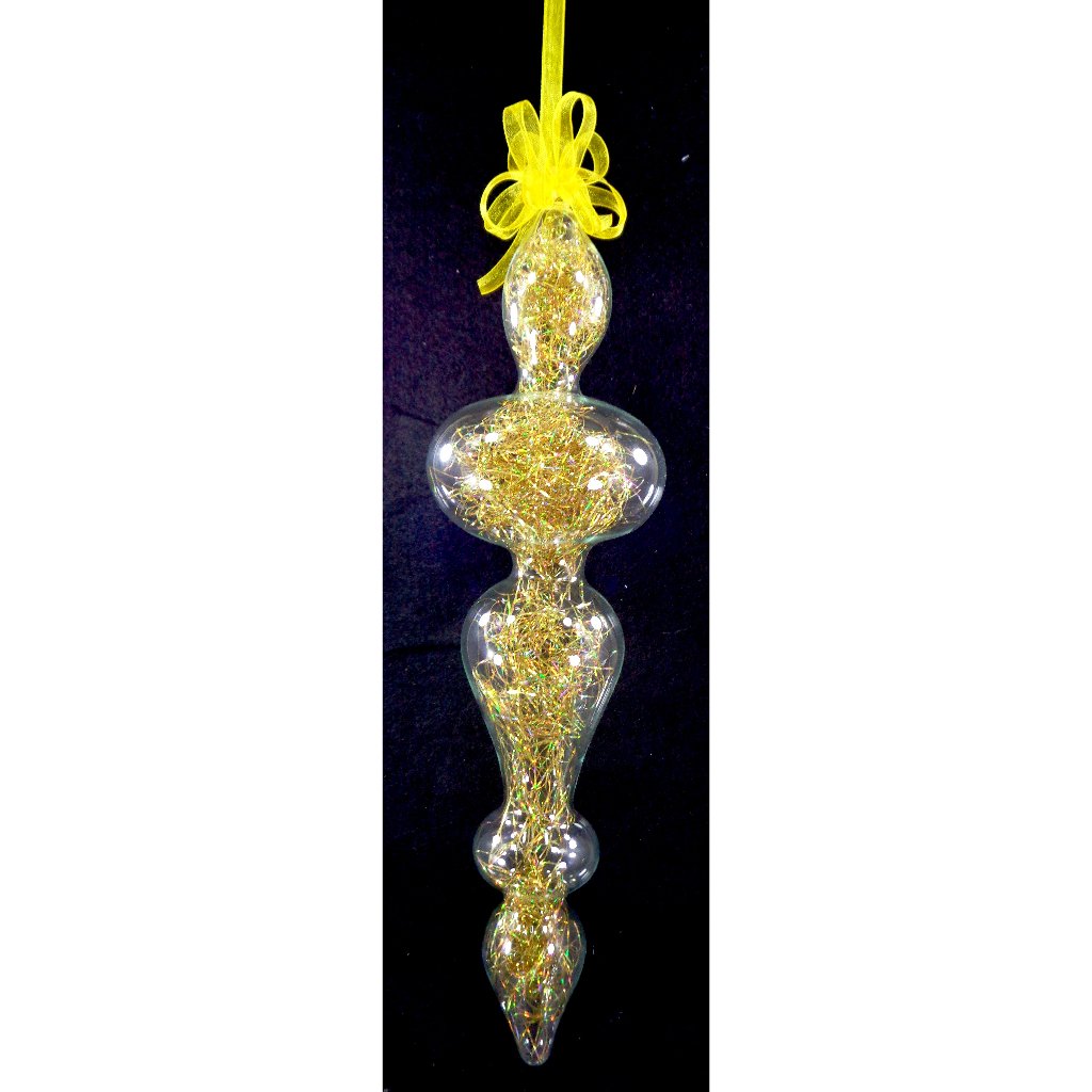 Gold Christmas Ornaments 6pc Set Handblown Glass Finial with Shreds Christmas Decor