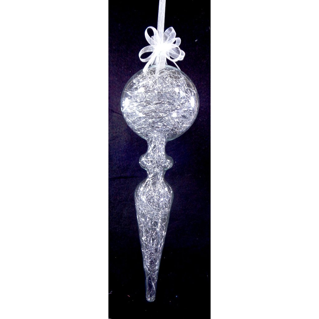 Silver Christmas Ornaments 6pc Set Handblown Glass Finial with Shreds Christmas Decor