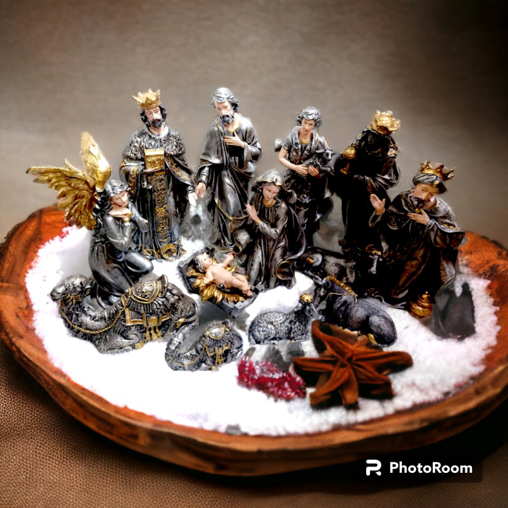 15 Inch Christmas Belen Nativity Set Silver Fiber Resin 13pcs Handmade Christmas Decorations - Image 2