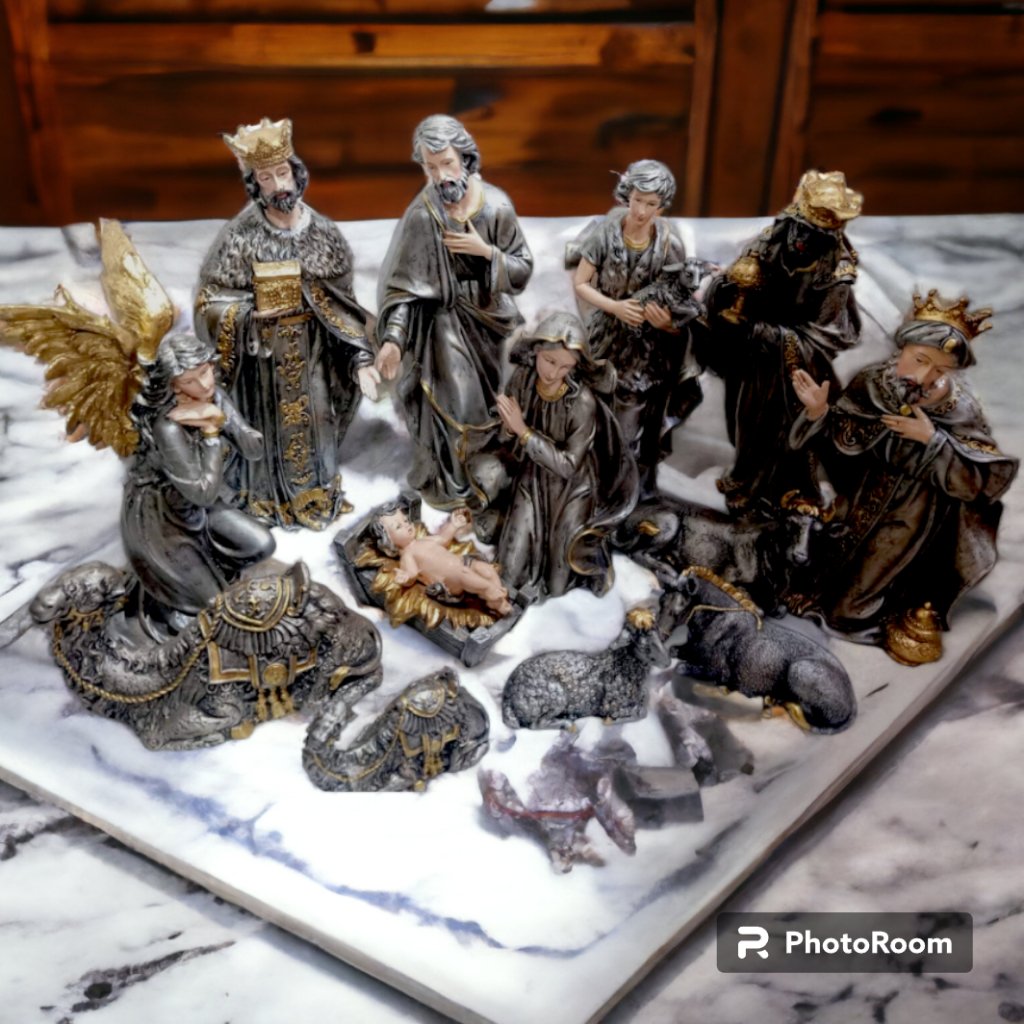 15 Inch Christmas Belen Nativity Set Silver Fiber Resin 13pcs Handmade Christmas Decorations - Image 3