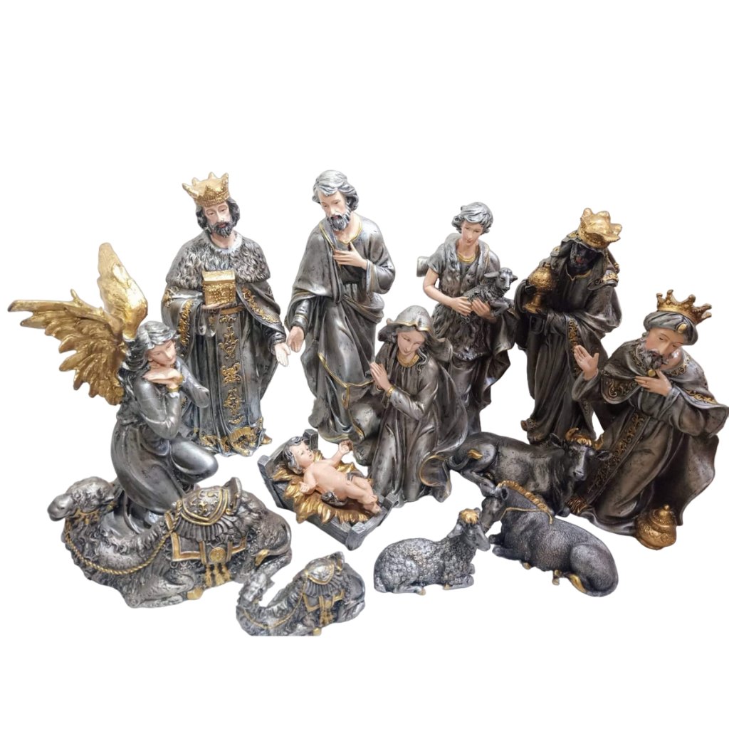 15 Inch Christmas Belen Nativity Set Silver Fiber Resin 13pcs Handmade Christmas Decorations - Image 4