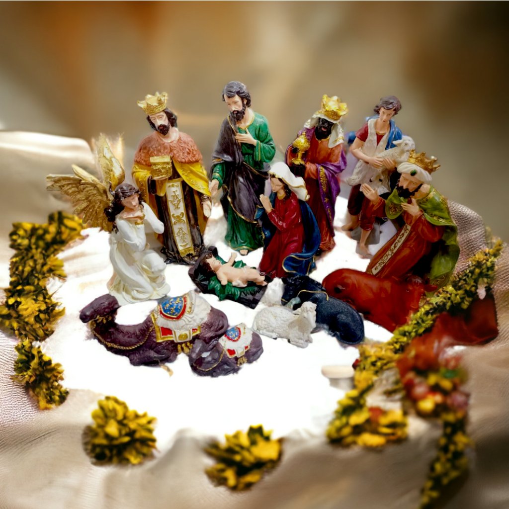 15 Inch Christmas Belen Nativity Set Colored Fiber Resin 13pcs Handmade Christmas Decorations - Image 3