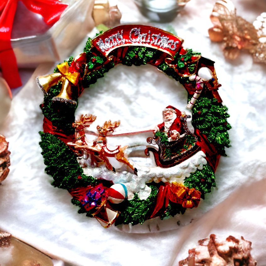Santa in Sleigh with Raindeer Hanging Wall Christmas Wreath Fiber Resin 15" - Image 2