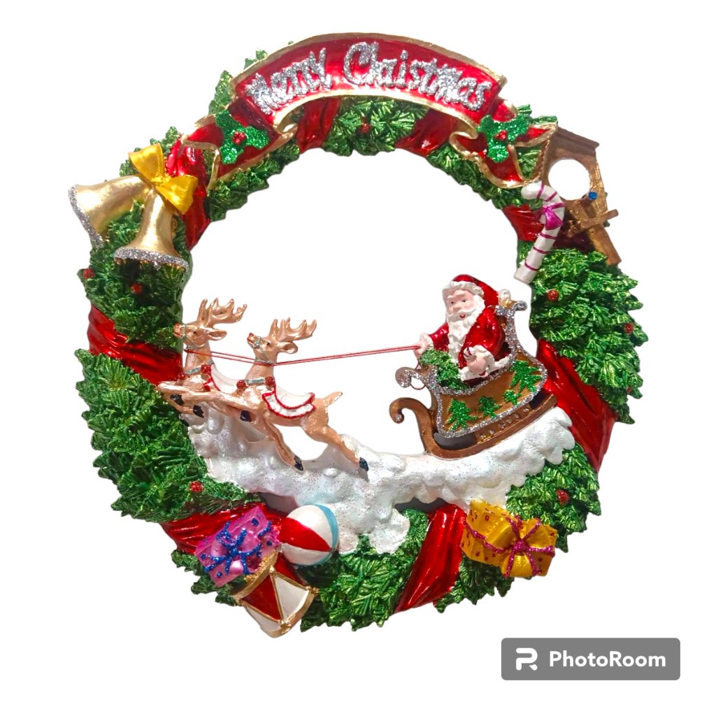 Santa in Sleigh with Raindeer Hanging Wall Christmas Wreath Fiber Resin 15" - Image 4