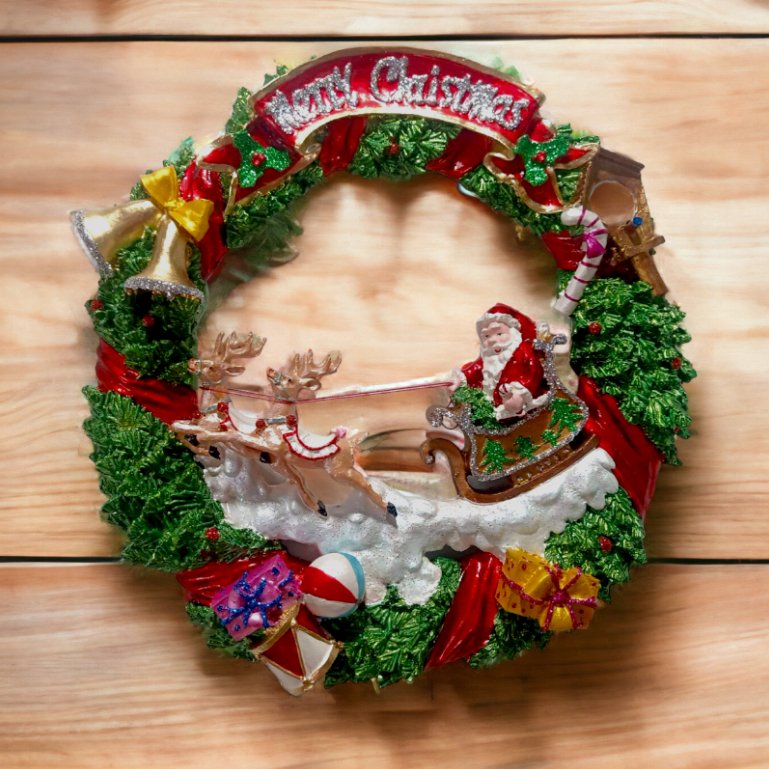 Santa in Sleigh with Raindeer Hanging Wall Christmas Wreath Fiber Resin 15"