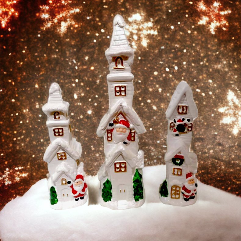 3pc Set Santas House Tabletop Figurine Fiber Resin Christmas Decorations for Home