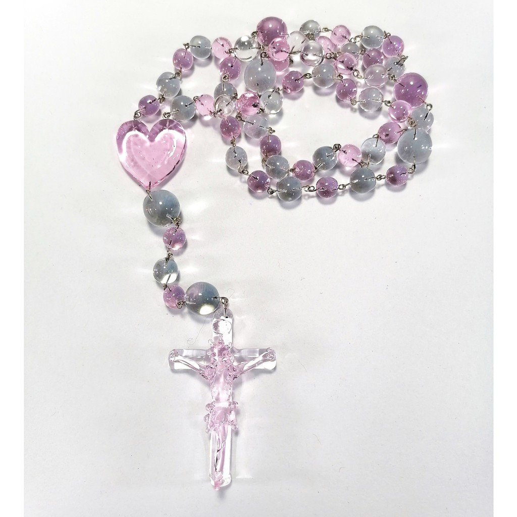 Pink Glass Rosary Handmade Religious Items - Image 3