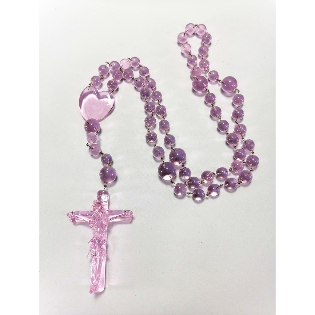 Pink Glass Rosary Handmade Beads Crucifix Cross Religious Items - Image 2
