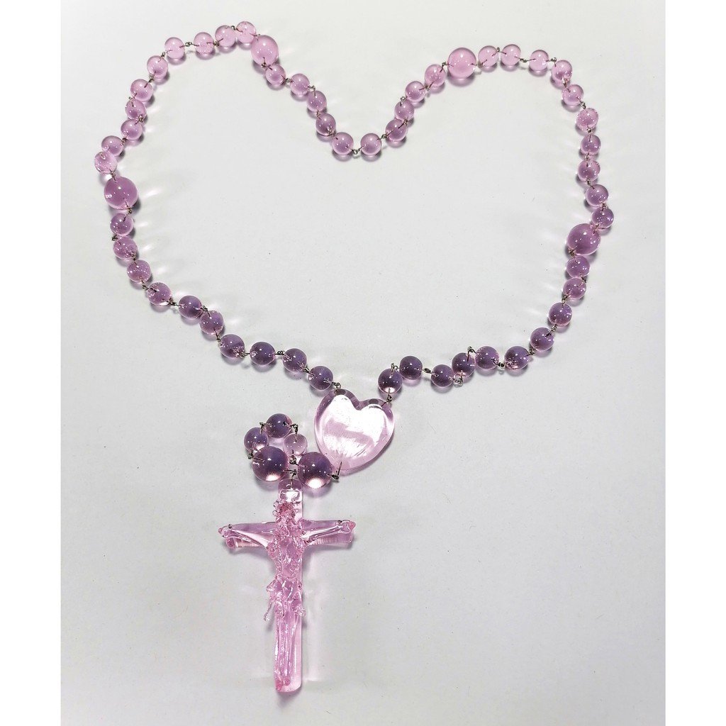 Pink Glass Rosary Handmade Beads Crucifix Cross Religious Items - Image 4